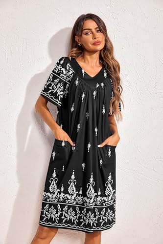 Image of Ekouaer Womens House Dress Floral Print Nightgown with Pockets Mumu Dress | V Neck Nightgowns for Women Pleated Short Sleeves Mumu Dresses Knee Length Moo Moo for Sleep, Daily Wear, Vacation, Party