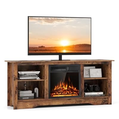Tangkula Fireplace TV Stand for 65 Inches TV, 18” Electric Fireplace with Remote, 7-Level Brightness and 750W/1500W Heat Setting (Rustic Brown)