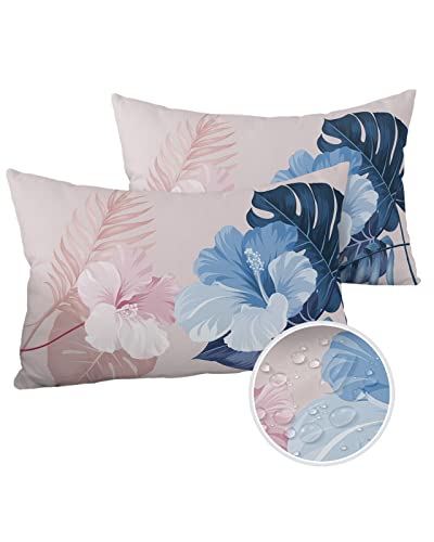 Image of Gsypo Pack of 2 Decorative Outdoor Waterproof Throw Pillow Covers, Pink and Blue Hibiscus Flowers Tropical Plants Outdoor Pillows Cushion Cases, Square Pillowcase for Patio, Couch, Bench, 20x12 Inch
