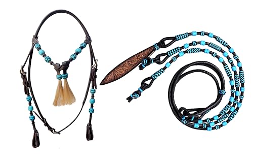 WeavingCraft Set of Matching Western Leather Headstall/Bridle Futurity Knot with Hair Tassels Hand Braided Rawhide Show Romel Romal Reins in Turquoise Color Knots Lot of 2 Pcs