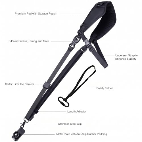 Image of Waka Camera Neck Strap with Quick Release, Safety Tether and Underarm Strap, Adjustable Shoulder Sling Strap for Nikon Canon Sony Fuji DSLR, Black