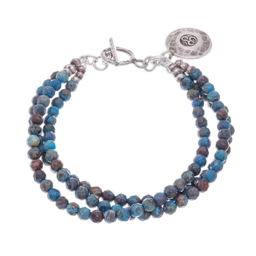 NOVICA Handmade Om Symbol Beaded Bracelet with Blue Brown Jasper Charm Fine Silver Thailand Hill Tribe Birthstone 'Tiny Globes'