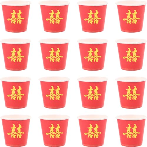 DOITOOL Chinese Wedding Paper Cups 50Pcs Disposable Tea Cups for Tea Party Small Wedding Disposable Cups for Drinks Mini Red Xi Paper Cups for Home Receptions Restaurants Celebrations 1.77In