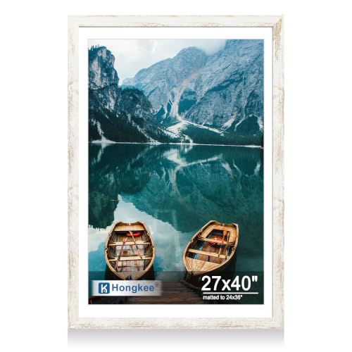 Hongkee 27x40 inch Poster Frame, Distressed White Wood Style, Wall Mounting