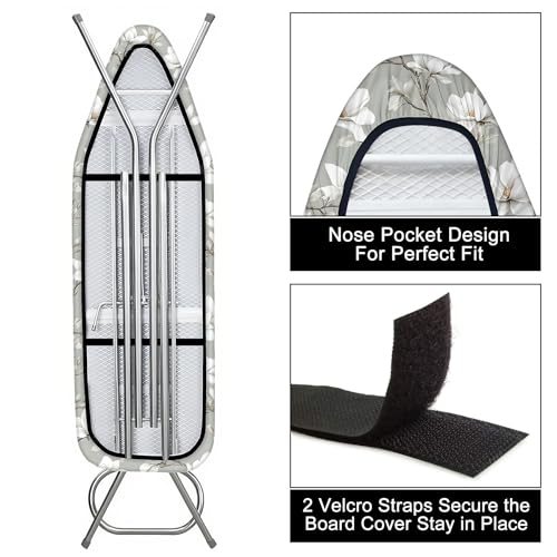 Image of Quick Install Ironing Board Cover 15 inch x 54 inch Ironing Board Cover with Nose Strap Pocket and Elastic Sides Anti-Slip and Heat-Resistant Stylish Home Ironing Board