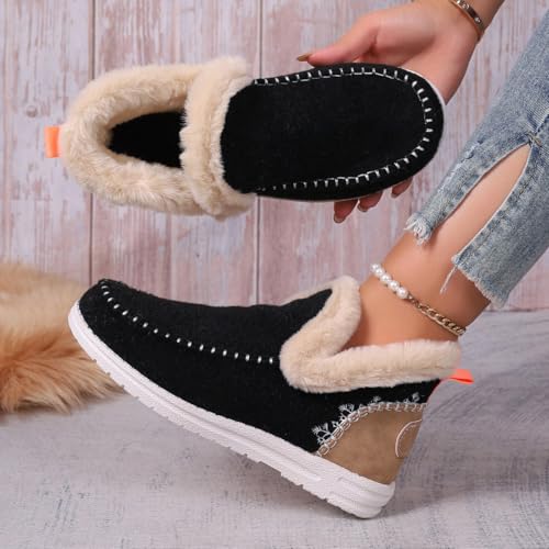 Snow Boots for Women Winter Flat Fluffy Ankle Boots Warm Faux Fur Lining Anti-Slip Slip on Loafer, Casual Indoor Outdoor Plush Short Booties Warm Cozy Micro Suede Memory Foam Slipper2