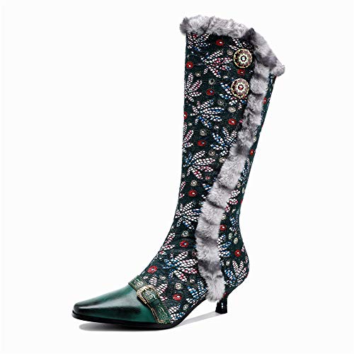 Damen Hohe Stiefel Winterstiefel Leder mit Absatz,Damen Kniehohe Stiefel mit Stiletto Absatz Spitzschuh Größe EU 36-42,Grün,EU 41/ UK 7.5 Cover