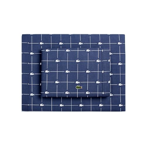Image of Lacoste Slice 100% Cotton Percale Sheet Set, Vintage Indigo, Twin