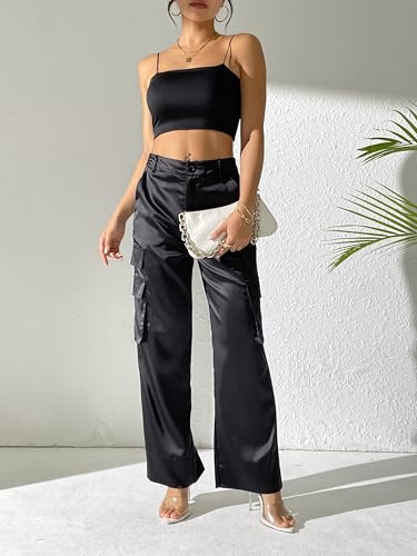Women's Wide Leg Cargo Pants Satin Silky Casual High Waist Y2K Baggy Cargo Pants Combat Military Trouser2