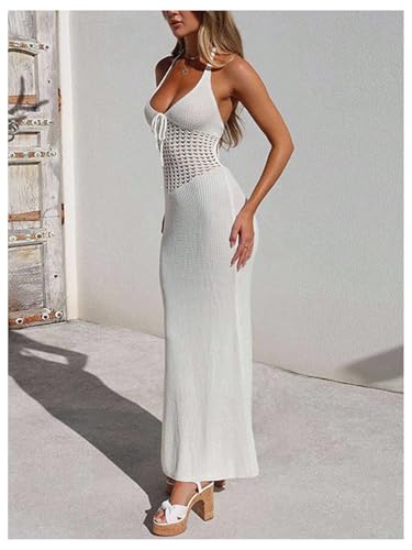 Milumia Women's Hollow Out Tie Backless Halter Beach Dress Sexy Deep V Neck Knitted Maxi Dresses2