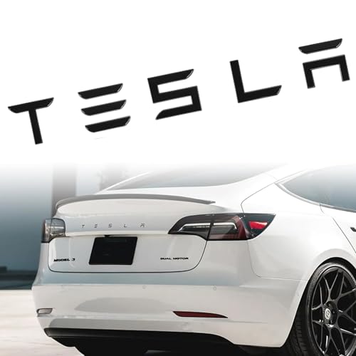 Image of Metal Tesla Letters Emblem Trunk Logo Decal Tailgate Rear 3m Adhesive Compatible with Tesla Model 3 Y Highland Juniper Chrome Matte Black Red Glossy Black (Glossy Black)
