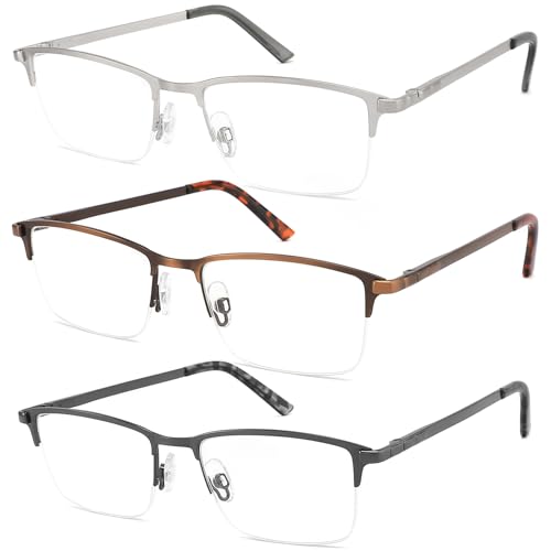 CRGATV 3-Pack Reading Glasses for Men Wide Blue Light Blocking Metal Half Frame Readers Anti UV/Eye Strain/Glare Semi Rimless Eyeglasses (+2.75 Magnification Strength)