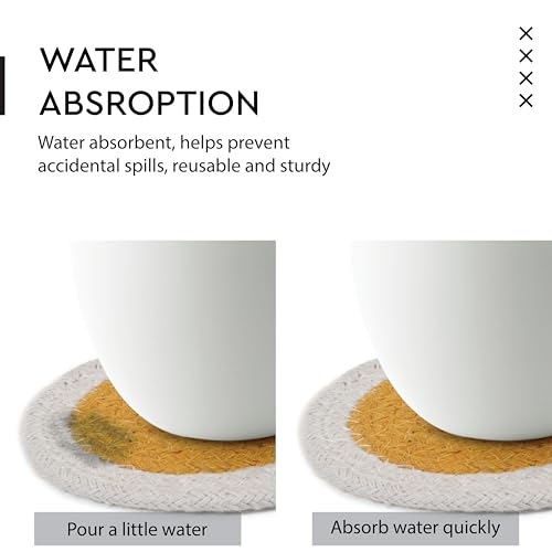 Image of Encasa XO Drink Coasters Set of 6 | Yellow & Off White with Round (9 cm) | Handcrafted Ribbed Cotton | Absorbent & Heat-Resistant | Use for Tea, Coffee Table & Desk