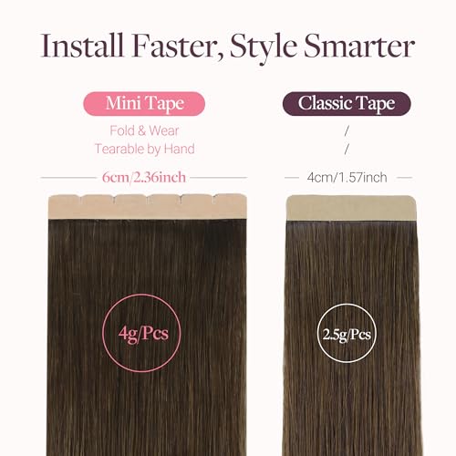 Image of GOO GOO Tape in Hair Extensions, Soft Skin Weft Seamless, Remy Human Hair | Mini Tape Cut to Fit, Easy Install, 18 Inch 40g 10PCS, 4 /27 /4 Balayage Chocolate Brown to Caramel Blonde