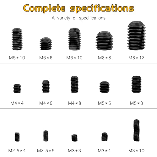 Faankiton 750 Stück Madenschrauben Set, M2.5 M3 M4 M5 M6 M8 Madenschrauben Sortiment Set, Innensechskant Gewindestifte Schrauben mit Inbusschlüsseln, Wurmschraube, Sechskantkopf Schrauben (Black)