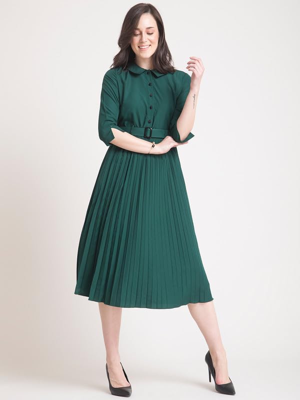 Image of FableStreet Women's Polyester Peter Pan Collar Pleated A Line Midi Dress |Women Formal Dress Smooth Fabric with Belted Waist & Front Slit for Office & Business Events