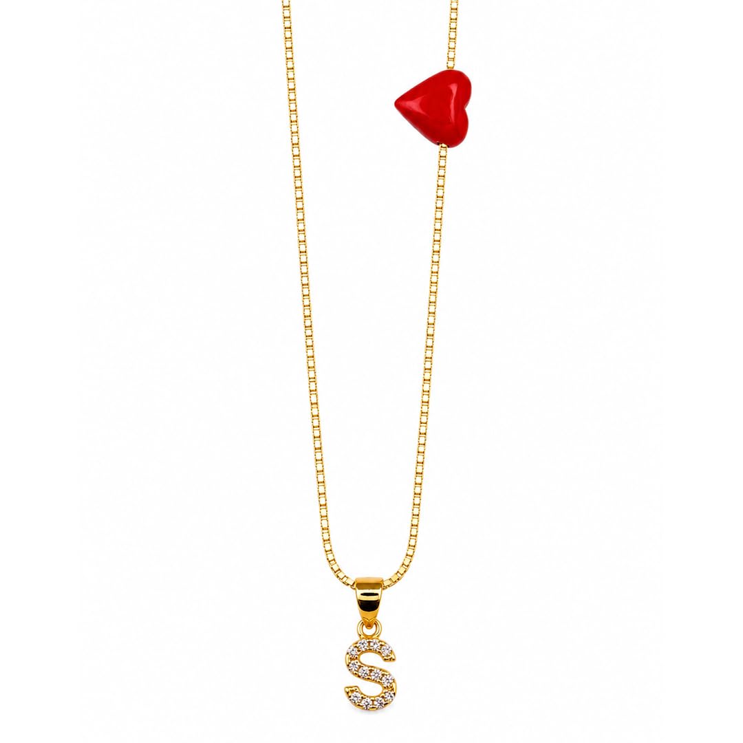 Collana Lettera del Cuore con Iniziale Zirconata e Cuore in Corallo Rosso naturale del Mediterraneo gioiello elegante minimal da donna ragazza