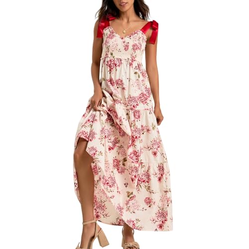 Image of Women Y2k Boho Maxi Dress Tie Shoulder Backless Strappy Tiered Flowy Dress 2024 Summer Floral Beach Sundress
