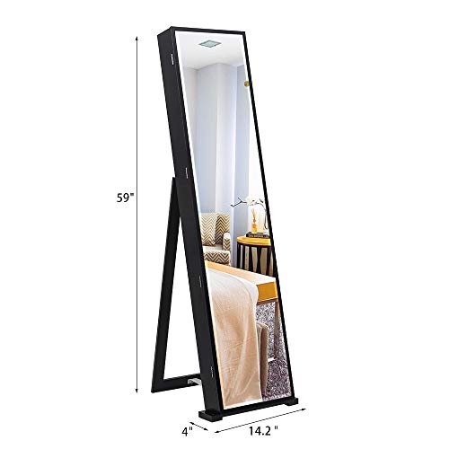 Bonnlo Standing Jewelry Cabinet Jewelry Armoire With High Full-Length Mirror, Lockable Jewelry Organizer Box With Large Storage Capacity, Inside Leds, Makeup Mirror, 2 Drawers (Black) #TOP3