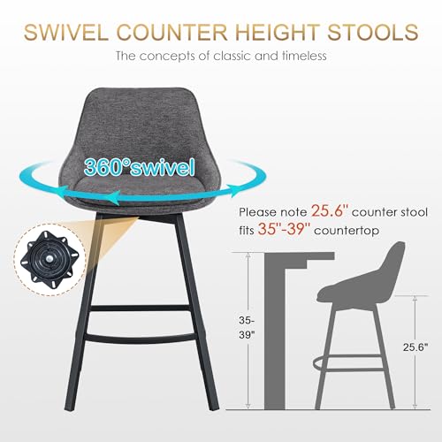 Image of Zesthouse Swivel Counter Height Stools Set of 4, Modern Upholstered Barstools with Backs, 26'' Linen Fabric Counter Height Bar Stools, Metal High Chairs for Island Kitchen, Dark Grey
