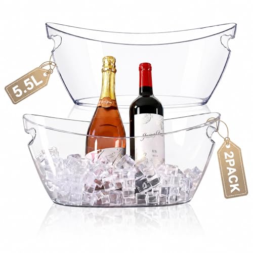 Ice Bucket 2 PCS, Ice Buckets for Parties, Clear Acrylic Beverage Tub, Mimosa Bar Supplies Drink Bucket for Wine, Champagne, Beer, 5.5L Large Ice Bucket (16.5x7.3x6.8 in)