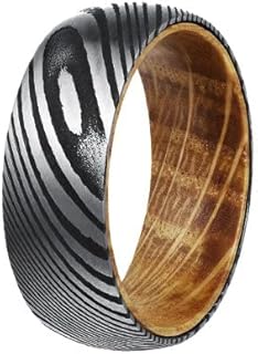 Damascus Whiskey Barrel Rings for Men Wedding Band Silver Damascus Rings with Bourbon Barrel Wood Inlay 8mm Unique Wooden Engagement or Anniversary Gifts for Whiskey Lovers