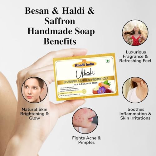 Image of Khadi Besan Haldi & Saffron Handmade Bathing Soap Bar 125g | Natural & Herbal | Moisturizing, Glowing & Brightening Skin | For Acne & Pimples | All Skin Types | For Men & Women
