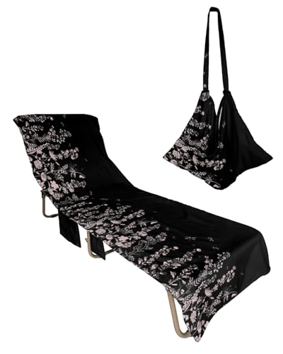 Pink Floral Beach Lounge Chair Towel Cover, Soft Chaise Lounge Towel with Side Pockets Patio Pool Chairs Cover for Beach/Pool Sunbathing 29x85 Pastoral Spring Botanical Flower Dragonfly Classic Black