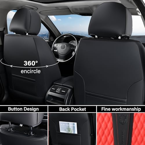 Image of Coverado Car Seat Covers Full Set, 5 Seat Leather Seat Covers for Cars, Car Seat Protector with Lumbar Support, Waterproof Seat Covers Universal Fit for Most Cars SUV Trucks (Red&Black)