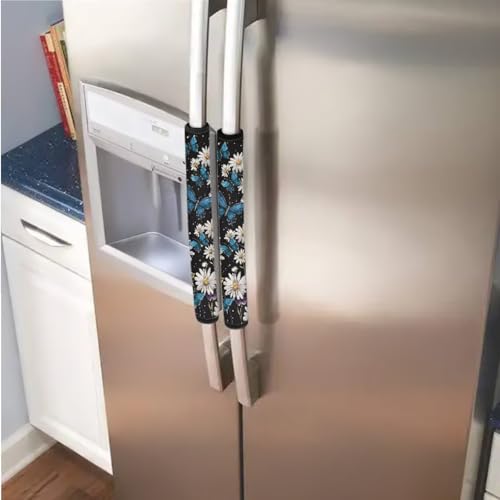 Image of 6 PCS Refrigerator Oven Door Handle Covers Anti-Skid Fridge Microwave Dishwasher Door Cloth Protector Keep Electric Appliances Clean Home Decoration Accessories, Daisy Blue Butterfly Black