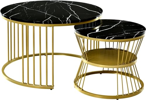 Image of NEST NATURE HAVEN Round Coffee Table, Modern Nestings Table Set of 2, Sofa Side Table with Marble Veneer Top and Metal Frame, End Table for Living Room Bedroom Home or Office (Golden Black)