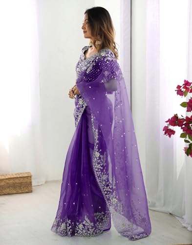 Image of SIRIL Women's Organza Sequence Embroidery Saree With Unstitched Blouse Piece