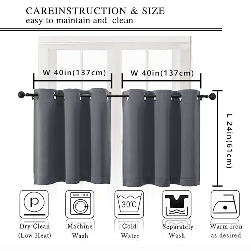 Image of Simplebrand Grey Short Kitchen Curtains 24 Inch Length 2 Panels Set, Small Windows Room Darkening Curtain for Bathroom, Cabinet, Basement, RV Camper, Thermal Insulated Short Drapes, 40 x 24 Inch