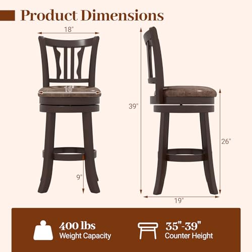 Butacos Giratorios de Bar Giantex, Juego de 2, Altura de Contador 26", Asiento Tapizado en Cuero Sintético, Estructura de Madera de Caucho y Reposapiés Envuelto, para Isla de Cocina o Pub miniatura 3