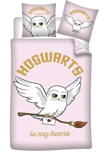 Parure de lit réversible Harry Potter - Hedwige la Chouette - -Hogwarts is my home- - Rose - 140 cm x 200 cm