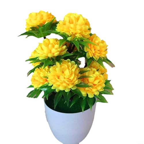 bonsai artificiale con vaso, crisantemo in seta realistica, decorazione da tavolo per casa, ufficio, matrimoni e feste, 10 x 20 cm, resistente allo sbiadimento, colore giallo