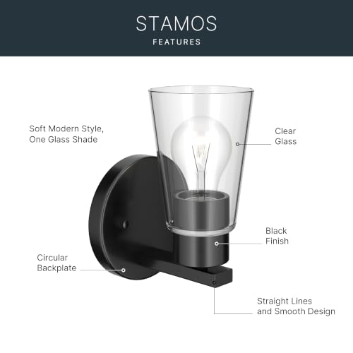 Image of Kichler Stamos 8 inch 1-Light Soft Modern Wall Sconce with Clear Glass in Black, (8 inch H x 5 inch W), 52437BKCLR