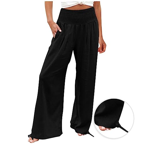 LRMQS Linen Wide Leg Pants Women Summer Casual Drawstring Elastic High Waist Trousers Resort Wear Beach Trendy Palazzo Pant2