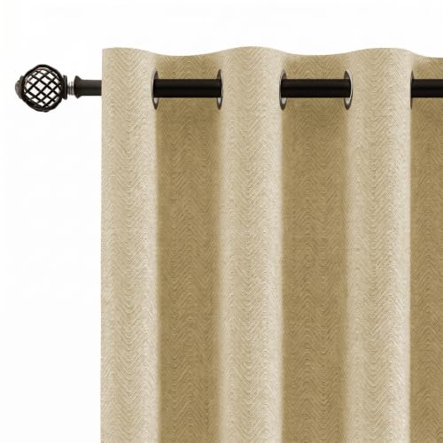 Image of LINENWALAS 100% Blackout Curtains for Window (5 Feet) - Set 2 Panels Linen Texture with Herringbone Pattern Complete Light Blocking with Thermal Insulated, Nose Reducing Backing (Golden Beige)