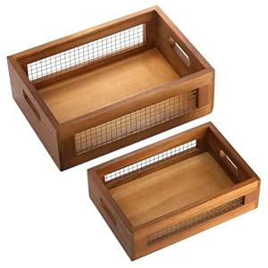 Dicunoy Set of 2 Decorative Wooden Crates Rustic Countertop Nesting Basket with Handle Antique Small Storage Containers for Fruit Veggies Kitchen Bathroom Shelf Pantry Gift Basket