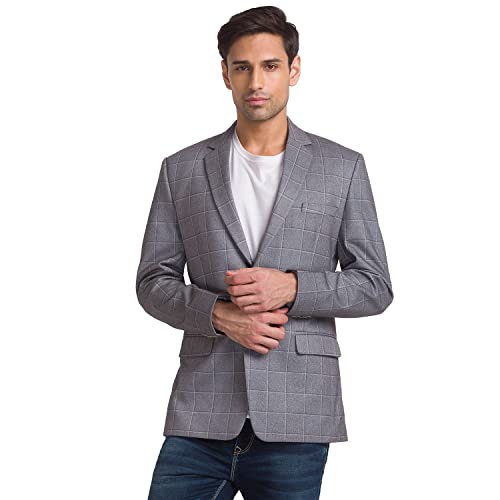 Image of Park Avenue Men's Active Fit Terelyne Spandex Blend Notch Lapel Checks Pattern Full Sleeve Grey Formal Blazer