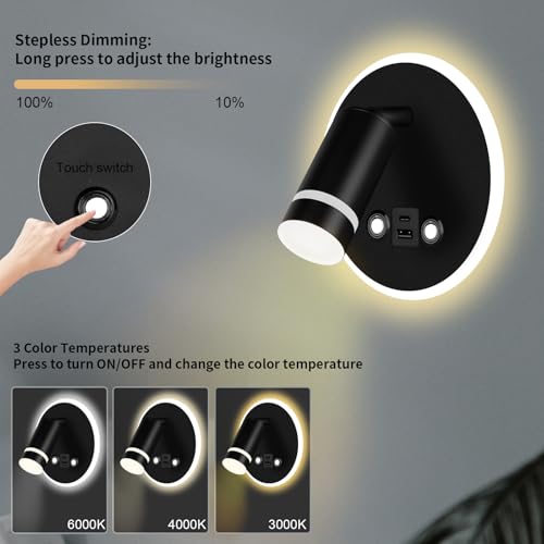 HUIZHOU Reading Lamp Wall Mounted LED Wall Lamp Touch Control 3 Color Temperatures and 12W USB Charging Port 350° Rotating Bed Reading Light Living Room and Bedroom (Round Black) - Image 2