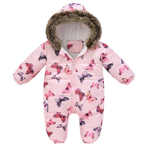 L PATTERN Mono de nieve para bebé, para niños y niñas, pelele grueso y cálido para recién nacidos, con cremallera, Pink Butterfly, 70
