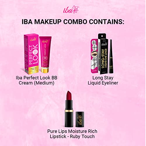 Image of Iba Makeup Combo 2-24 Karat Gold BB Cream(Medium Shade) | Long Stay Eyeliner | Ruby Touch A65 Lipstick (Set of 3)