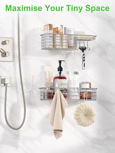 Smartake 2-Pack Shower Caddy, Combined Bathroom Shelf With Soap Dish And Hooks For Hanging Razor Brush Sponge, Wall Mounted Rustproof Basket With Adhesive, No Drilling, 304 Stainless Steel, Silver #TOP4