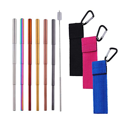 6 Set Pailles métalliques réutilisables Rétractable Portable Pailles, Buyer Star Pailles Télescopiques acier inoxydable avec brosse de nettoyage