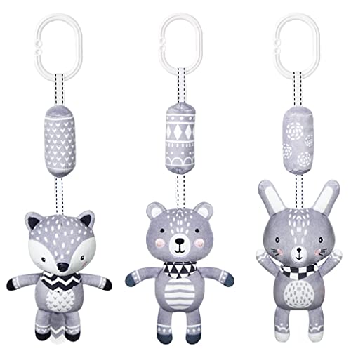 AIPINQI Paquete de 3 juguetes de sonajero para colgar, de dibujos animados, color blanco, negro, para bebés recién nacidos de 0 a 18 meses, con campanillas de viento, conejo, zorro y oso) Cover
