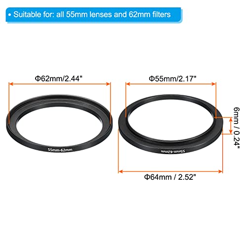 Image of PATIKIL 55mm-62mm Metal Step Up Ring, 2 Pack Camera Lens Filter Adapter Ring Aluminum Filter Adapter Ring for Camera Lenses Hood, Black