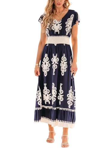 Image of CUPSHE Women's Summer Midi Dress V Neck Ruffle Short Sleeve Smocked Waist Dress