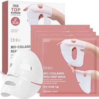 Elvira Bio-Collagen Real Deep Mask, Overnight Hydrating Face Mask with Hyaluronic Acid, Korean Skincare Face Mask for Moisturizing and Firming, Face Masks Sheet for All Skin Types, 4 Pack
